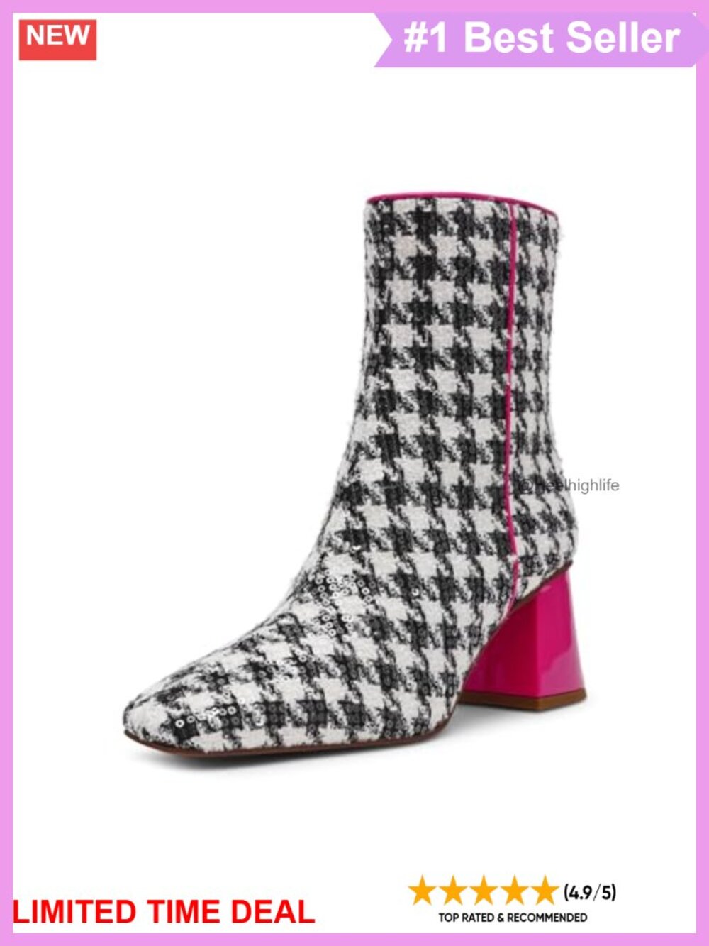 Houndstooth Synthetic Pointed Toe Block Heel Ankle Boots